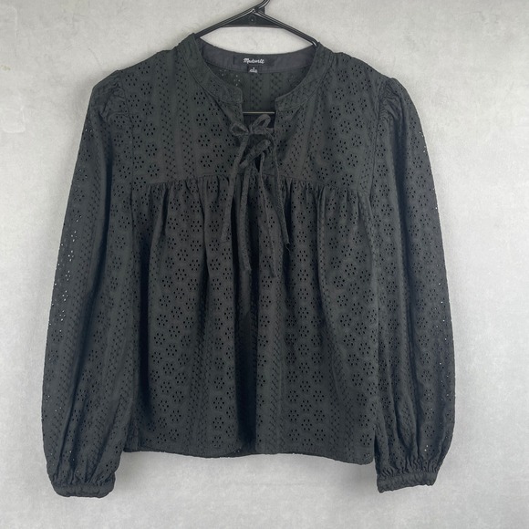 Madewell Tops - Madewell Black Cotton Victorian Goth Eyelet Tie Neck‎ Long Sleeve Blouse Top S